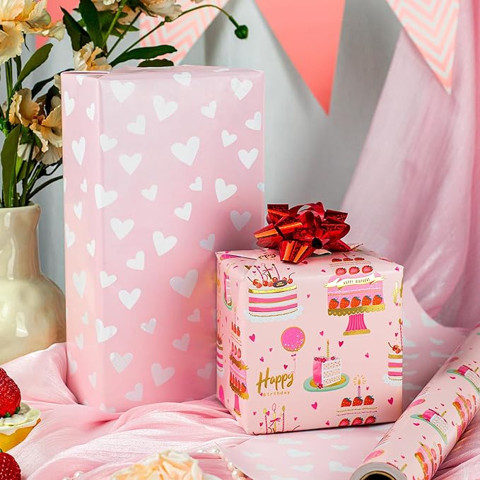 Yarcony Girls Birthday Wrapping Paper Roll, Pink Gift Wrapping Paper,Metallic Foil Pink Cartoon-Style Birthday Cakes Gift Wrap for Kid Party,Baby Shower,Wedding, Holiday,Christmas(17 Inch X 33 Feet)
