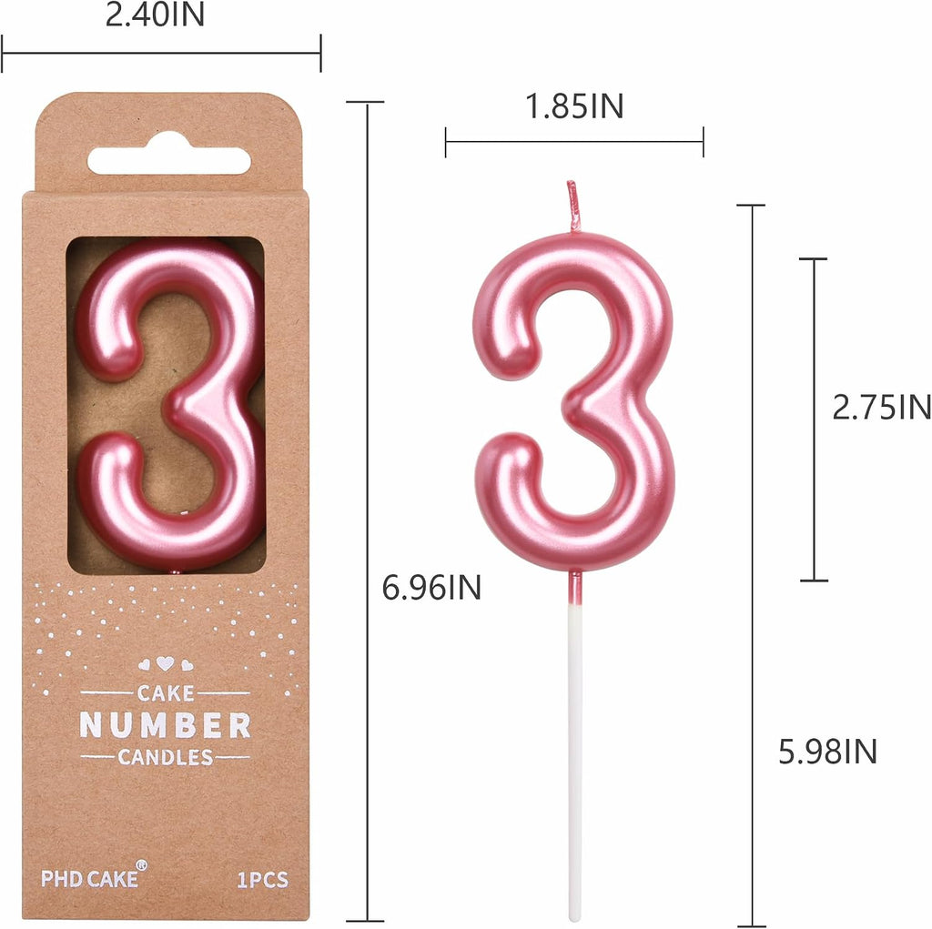 PHD Cake 2.76 inch Classical Pink 3 Number Birthday Candles, Party Celebration