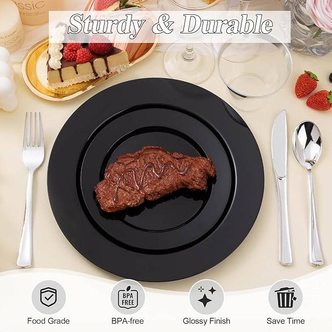 200PCS Black Plastic Plates Set, 100 10.25 inch Dinner Plates and 100 7.5 inch Dessert Plates, Premium Disposable Plates for Party, Wedding,Halloween