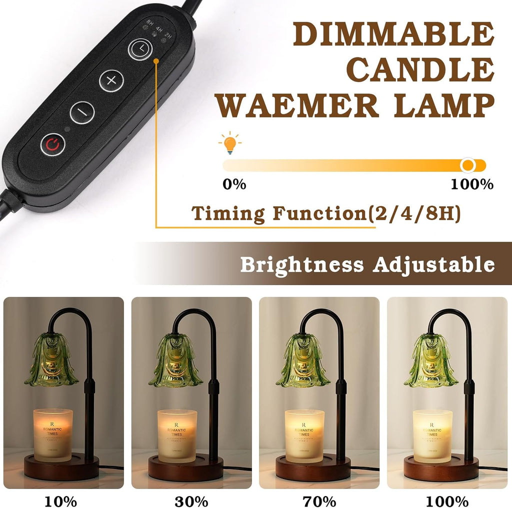 Small Candle Warmer Lamp with Timer, Adjustable Green Lamp Warmer for Jar Candles, Christmas Birthday Gifts for Women Mom Her, Unique Dimmable Candle Heater, Cute Wax Warming Light with Wood Base | Wax Melt Warmer, Flameless Design