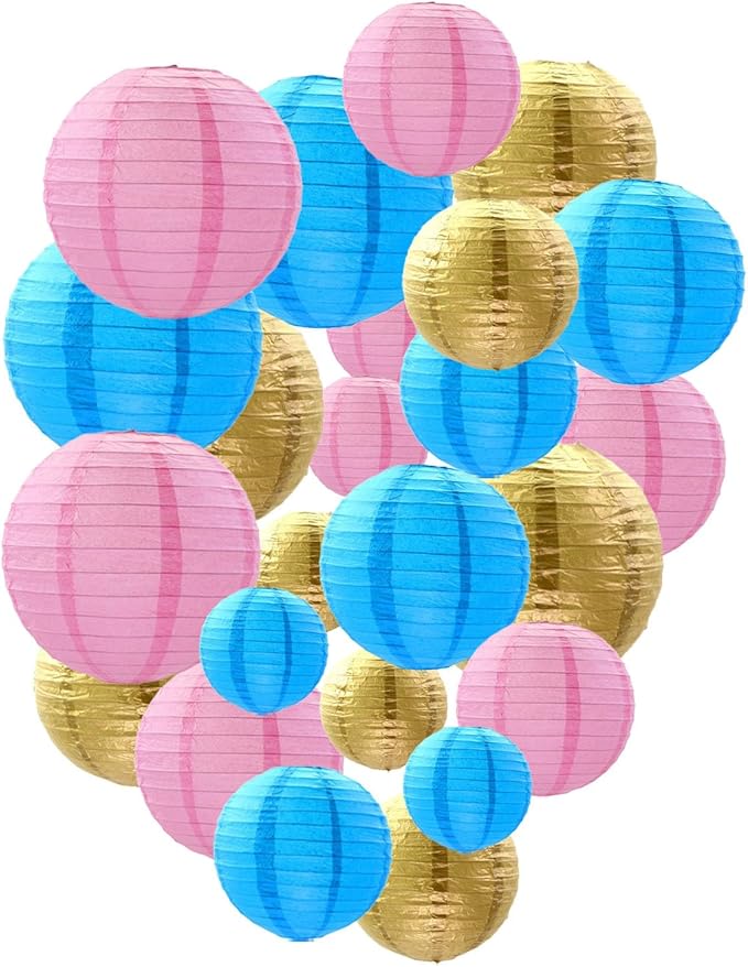 Tim&Lin Gender Reveal Decorations Paper Lanterns, Pink Blue Gold Paper Lanterns Decorative, Chinese/Japanese Hanging Round Paper Lanterns Decorations for Baby Shower, Birthday (12 PCS), PL-231012-005