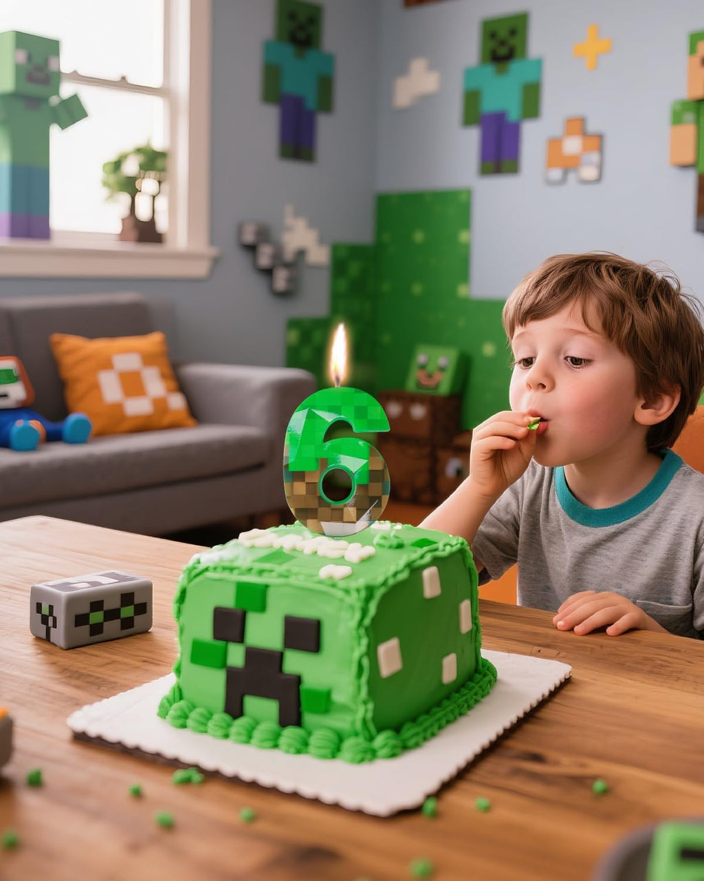 Pixel Birthday Candle, 2.68 Inch Miner Number Candles, Game Themed Candle Birthday Decoration for Pixel Theme Birthday Anniversary Dynamite Video Game Party (Green, 6)