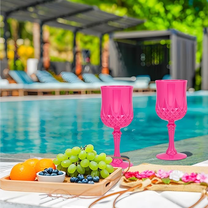 Plastic Vintage Wine Glasses 7OZ Plastic Goblets Vintage Drinking Glasses 24PCS Retro Wedding Glassware Water Goblets Reusable Drinking Cups for Party,Reception,Celebration,Bar,Whiskey(Rose Pink)