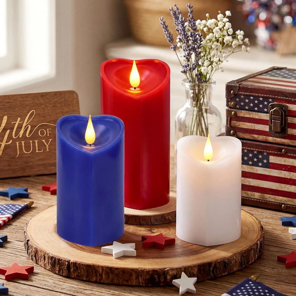 Retisee 3 PCS 4th of July Pillar Candle - 4" 5" 6" LED Battery Operated Flameless Candle with Remote for Independence Day Home Party Decoration Gift
