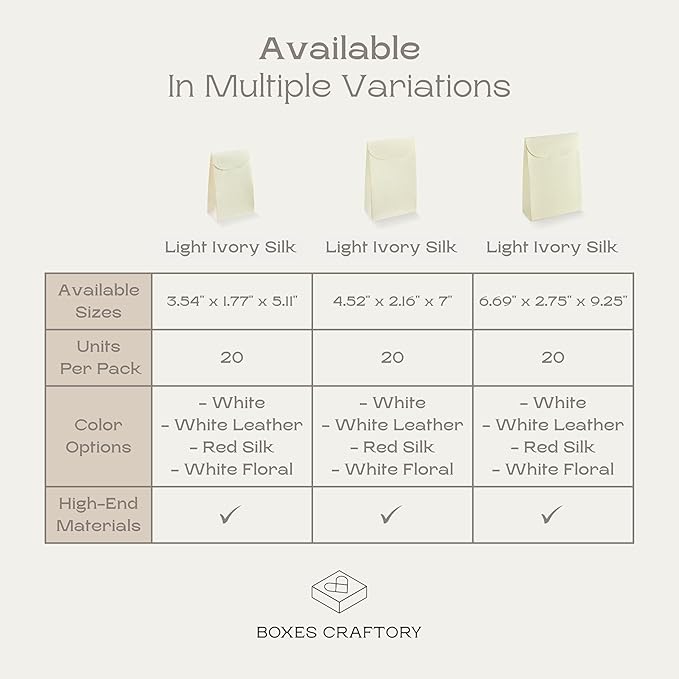 Boxes Craftory Pack of 20 Party Favor Boxes (4.52 x 2.16 x 7 inch) - Ideal for Wedding, Christmas Gift, and Bridal Shower - Light Ivory White Silk