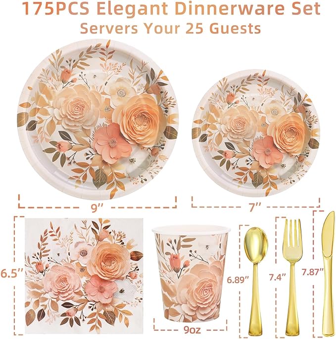175PCS Floral Plates and Napkins Sets, Floral Party Supplies Plates, Cups, Spoons, Fork, Napkins - For Women Birthday Party Decorations