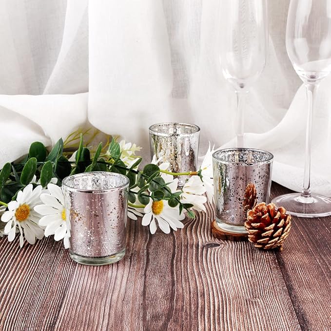 Silver Mercury Glass Tea Light Holders Set of 36 - Elegant Votive Candle Holders for Weddings, Showers and Home Decor - Perfect for Table Centerpieces and Parties (Glass, Silver)