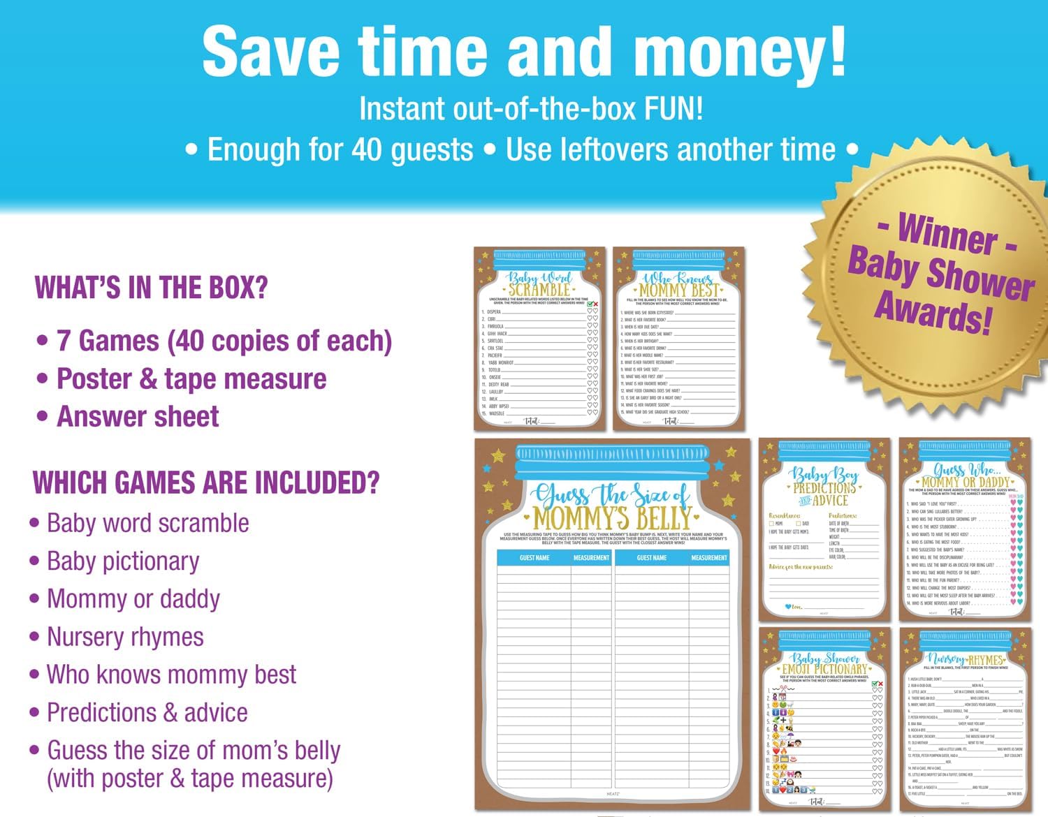 Neatz Baby Shower Games Boy - 7 Games Instant Fun - Baby Prediction Cards, Guess Who Mommy or Daddy, Word Scramble, Advice Cards, Pictionary, How Big is Mommys Belly, Babyshower Game