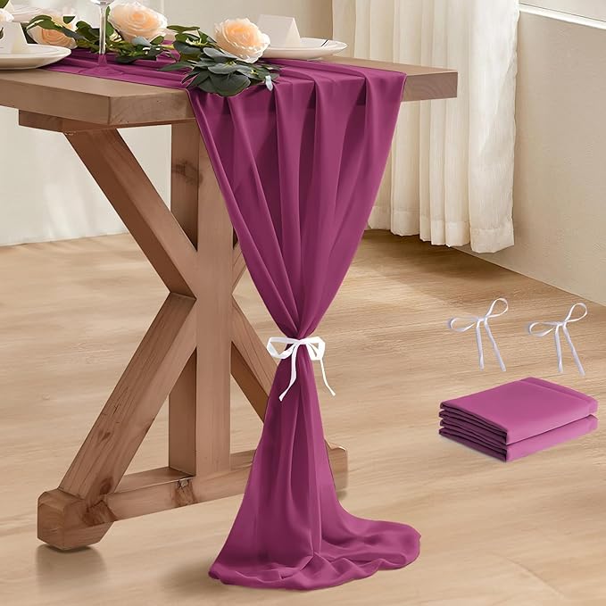 2 Pack 10 Ft Chiffon Table Runner Fuchsia Gauze Long Table Runners 27x120 Inches Sheer Tulle Table Runner for Rustic Wedding Reception Bridal Shower Decorations Birthday Party