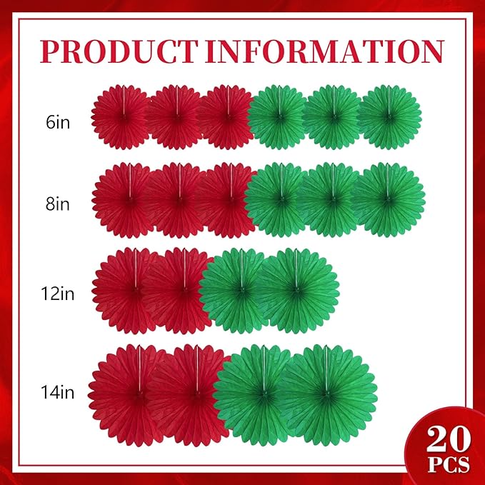20 Pcs Red Green Hanging Paper Fan, Hanging Honeycomb Round Paper Fans for Weddings, Birthdays, Christmas, Baby Showers, Classroom, Events Ceiling Party Supplies Decorations