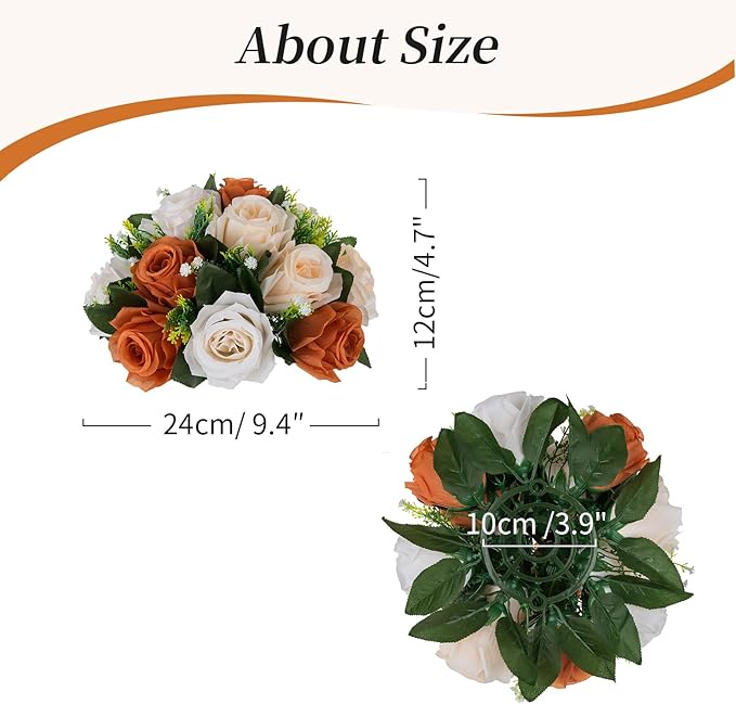 BLOSMON Flower Balls for Centerpieces Decoration: 2 Pcs Terracotta Artificial Rose Kissing Balls for Table - Fall Fake Silk Floral Bouquet with Base Arrangements for Home Party Room DIY Decor