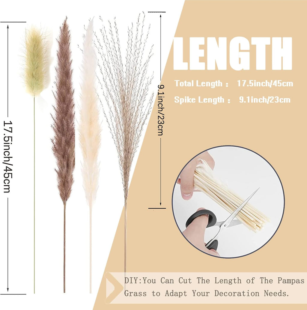 Pampas Grass Decor 110 pcs 17.5inch Natural Dried Pampas Grass-15Pcs White Pampas & 15Pcs Brown Pampas & 50Pcs Reed Grass& 30Pcs Bunny Tail Grass,Fluffy Dried Flowers for Home Decor Wedding Boho Decor
