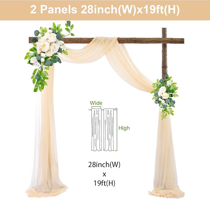 2 Panels Wedding Arch Draping Fabric Champagne Sheer Backdrop Curtain Arch Drape for Wedding Ceremony Reception,Bridal Shower Party Decorations 28" X 19ft
