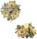 mdgfge Christmas Candle Rings Wreath Holder Artificial Gold Flower Pine Candle Rings with Holly Leaves for Xmas Party Holiday Table Pillars Decoration