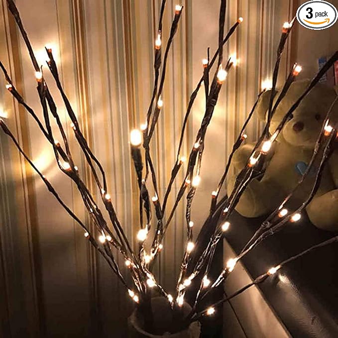 3 Pack Warm White Lighted Branches 60 LED Twig Lights Lighted Plants Artificial Twinkle Willow Branch Lamp Home Fairy Light Up Branch for Vases Holiday Party Indoor Decor Battery Operated para Casa