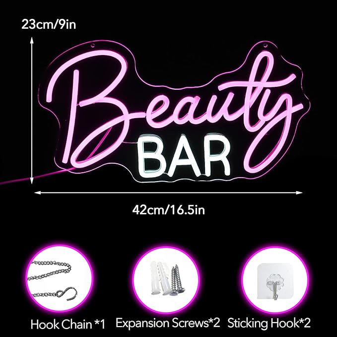 Beauty Bar Neon Sign, Pink Light Up Neon Lights For Wall Decor, Girls Makeup Room Bedroom Decor - Energize Your Space With Magical Ambiance（16.5 X 9 inch）