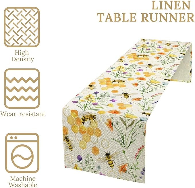 Summer Bee Table Runner, Seasonal Spring Wildflowers Bee Yellow Honeycombs Farmhouse Table Runner for Kitchen Dining Table Home Party Decor, 13x70inch