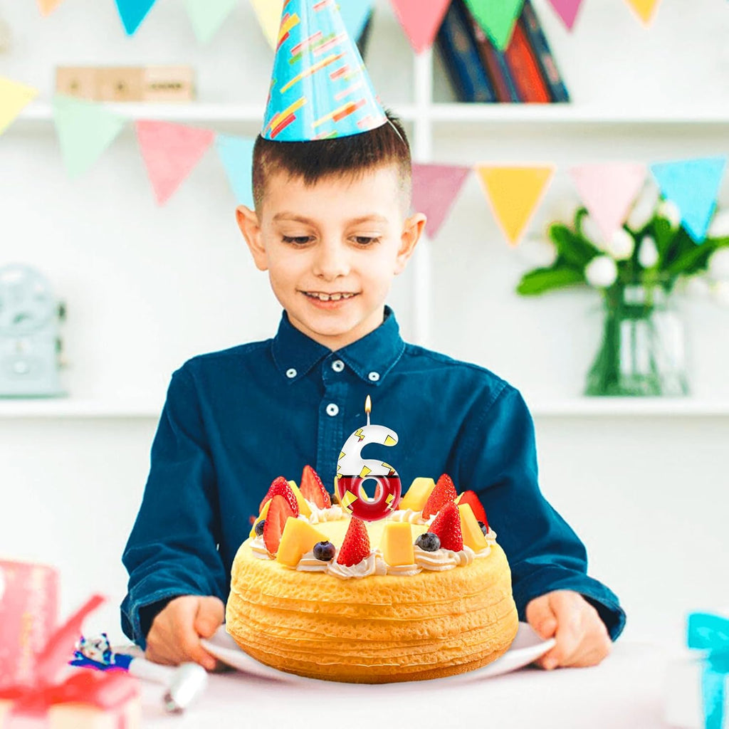 Cartoon Red White Number Candle, Number 6 Birthday Candles, Anime Numeral Cake Topper for Boy Party Decorations,Theme Party Favors