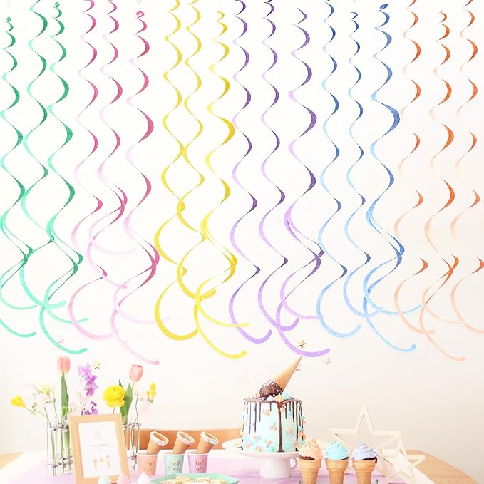 36 Pcs Pastel Hanging Swirl Decorations Pastel Color Felt Swirl Streamer Spiral Ceiling Decorations Garland for Macaron Colorful Birthday Wedding Baby Shower Easter Party Supplies