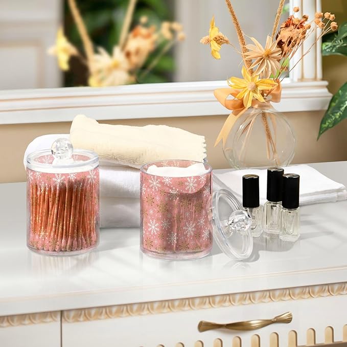Gredecor 2 Pack Qtip Holder Clear Christmas Golden Pink Snowflakes Apothecary Jars with Lids Acrylic Christmas Winter Bathroom Jars Vanity Canister Storage Organizer for Cotton Ball,Swabs,Pads,Floss
