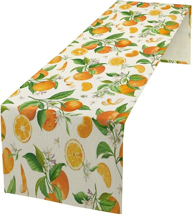 Spring Summer Orange Table Runner Vintage Citrus Lemon Fruit Mandarin Floral Dinner Runner for Farmhouse Baby Shower Party Holiday Home Kitchen Dining Table Decor 13x36