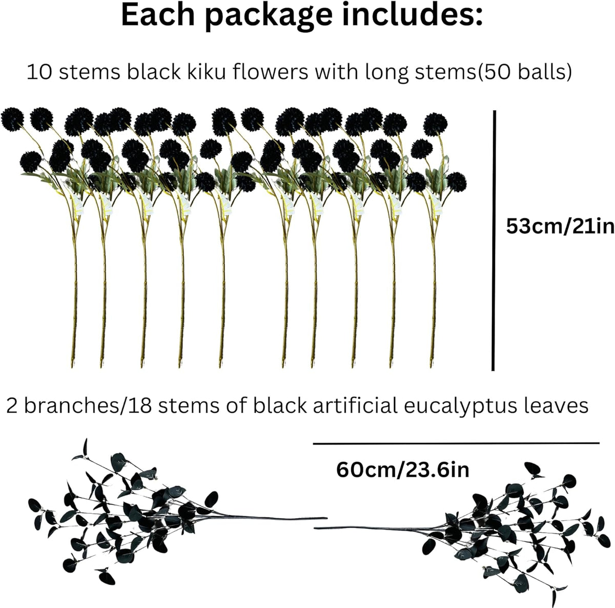 12 Black Artificial Flowers & Eucalyptus Long Stems, Halloween Decor