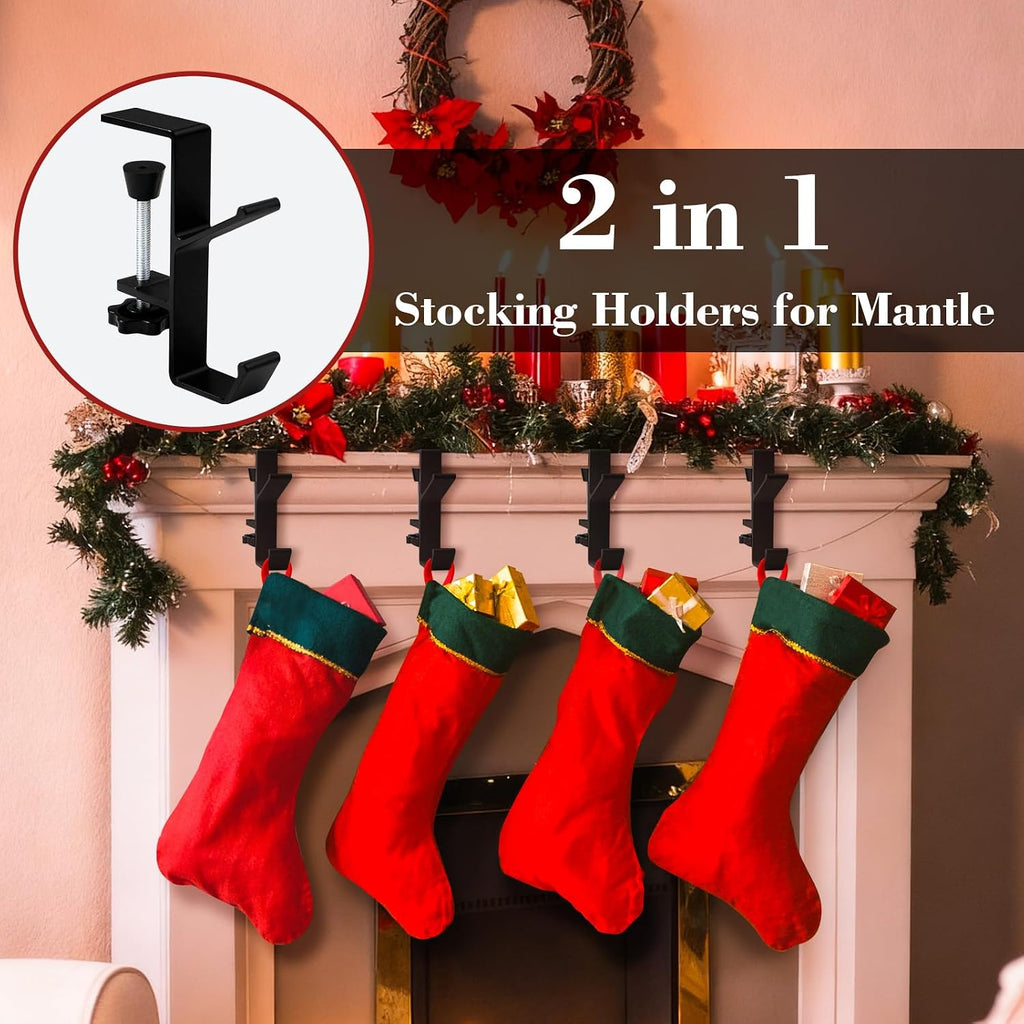 4 Pack Stocking Holders for Mantle for Christmas Decorations,2 in 1 Mantle Garland Holder for Hanging Christmas Stockings,No Drilling Required & Adjustable Garland Hanger, Metal(Black)