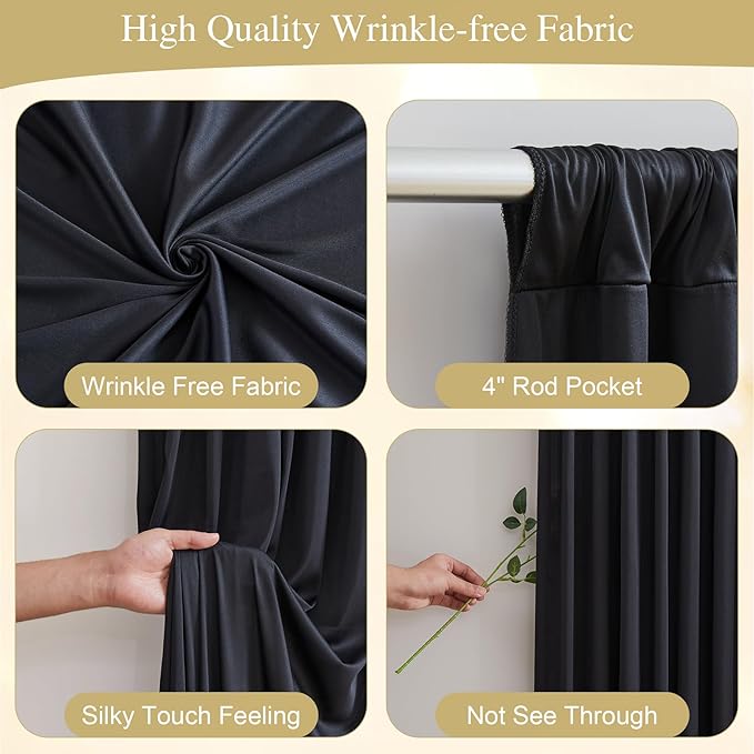 Black Backdrop Curtain with Lights String for Parties,10x10FT Wrinkle Free Black Drapes Wedding Photo Backdrop Curtains for Baby Shower Birthday Ceremony Reception Home Party Decorations