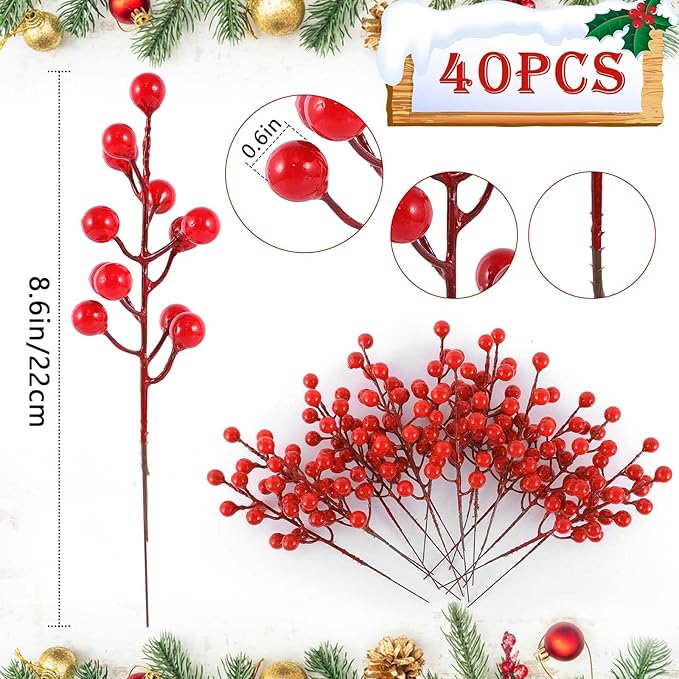 40 Pcs Artificial Berry Stems Branches, Red Christmas Faux Holly Berries Picks Ornaments for Christmas Tree Wreath DIY Craft Decorations Holiday Home Decor (40, Red)