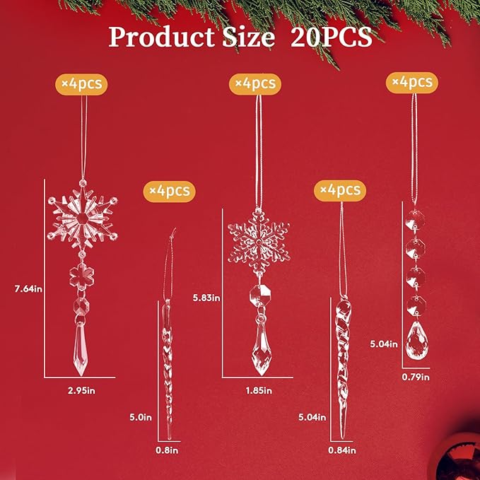 20pcs Christmas Ornaments Set for Tree - Hanging Acrylic Crystal Snowflake Icicle Drop Decorations for Winter Christmas Tree, New Year Party Supplies