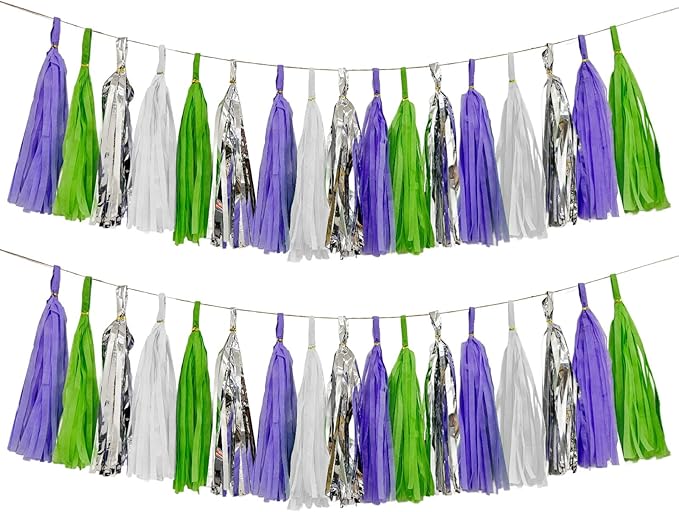 Tissue Paper Tassel Garland Banner, Purple Green Silver White, 20 PCS, Party Decorations for Birthday, Cartoon Themed Baby Shower,Sprot Game,Graduation