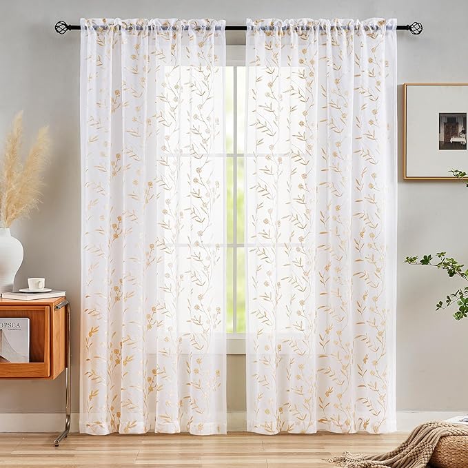 Sheer Curtains with Desin White-Beige Floral Embroidery 84 Inch Long Rod Pocket Lace Drapes for Living room, Bedroom, 2 Panels, 52"x84", Semi Voile Outdoor Window Treatment Sets for Yard, Patio.