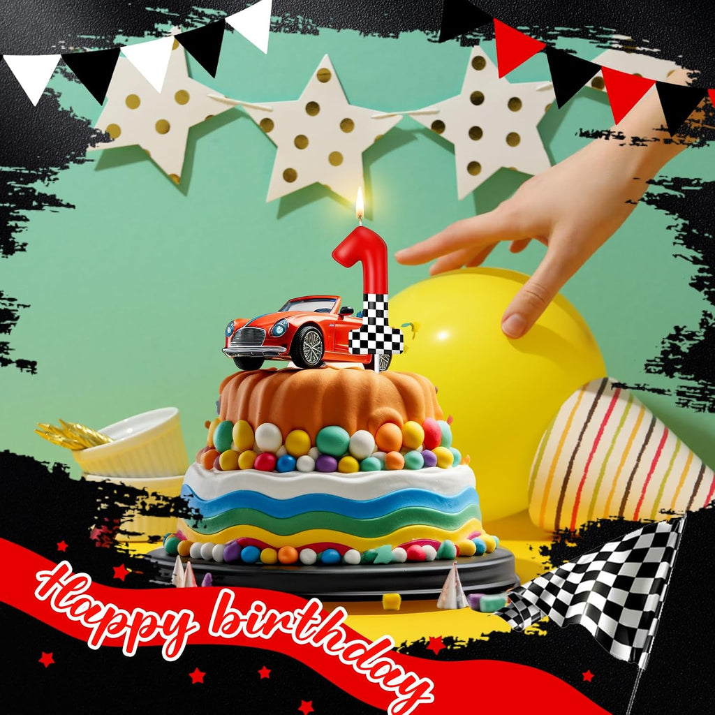 MTLEE Racing Car Themed Birthday Candle Number 1 Red and Checkered Candle Party Decoration Cake Topper for Race Car Party Supplies
