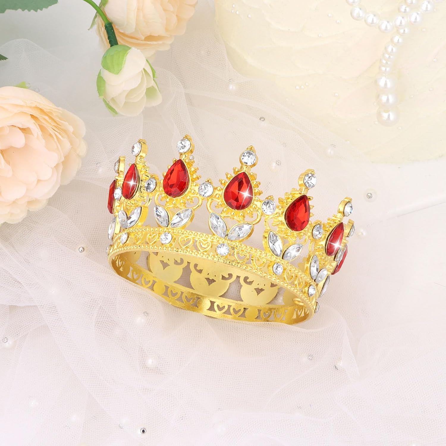 Crown Cake Topper Happy Birthday Cake Toppers Wedding Cake Toppers Mini Crowns for Flower Bouquets Party Decorations (Gold Red)