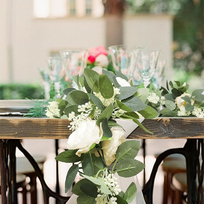 MAKHOT 2PCS Eucalyptus Garland, 6.6Ft Artificial Greenery Garlands Flower Decor, Green Spring Garland Wreath Vines Decorations for Table Home Wedding Mantle Party (Champagne)