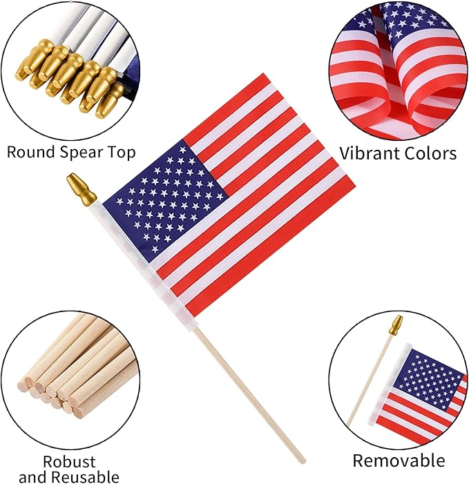 200pcs Small American Flags on Stick, Handheld 4 x 6 Inchs Mini American Flags with Kid-Safe Golden Spear Top, US Flags for 4th of July Decorations Outdoor, Independence Day Decorations
