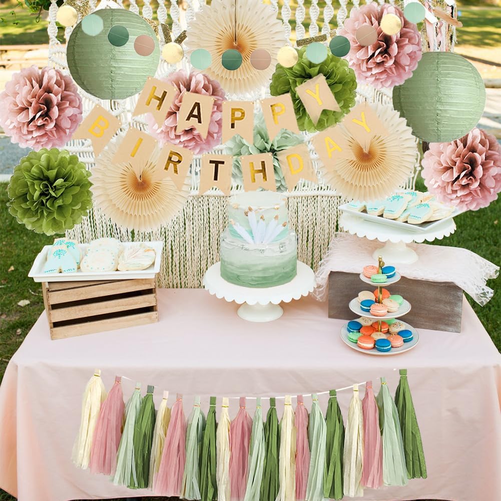 Olive Green and Pink Birthday Decorations Sage Green and Dusty Pink Birthday Decorations Dusty Rose Pom Poms Boho Sage Green Birthday Party Decorations with Green Pink Tassel Garland for Women Girls