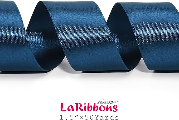 LaRibbons Navy Satin Ribbon 1 1/2 Inch 50 Yards Luxury Double Faced Blue Silk Ribbon for Flower Bouquet Crafts Gift Wrapping Wedding Bow Decoration