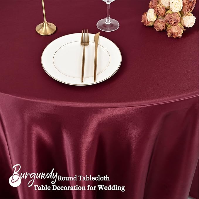 fani 12 Pack 120 Inch Burgundy Satin Tablecloth - Premium Bright Silky Round Tablecloth Overlay Smooth Fabric Table Cover, Table Decoration for Wedding Party Banquet Events Restaurant Kitchen Dining