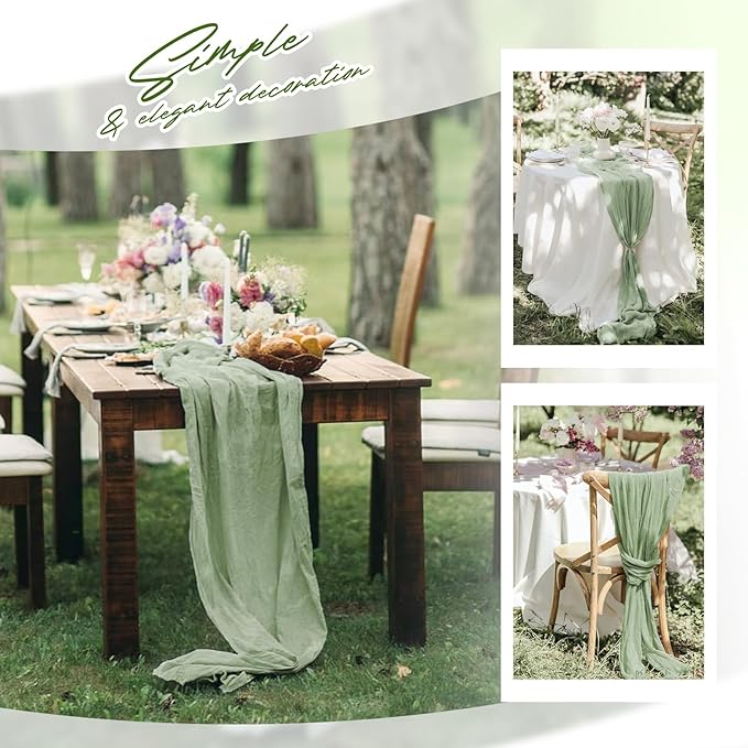 Aktor 12 Pack Sage Green Table Runner Boho Cheesecloth Table Runner Semi Sheer Gauze Fabric Runners for Wedding Birthday Baby Shower Party Boho Table Decoration（Sage Green）