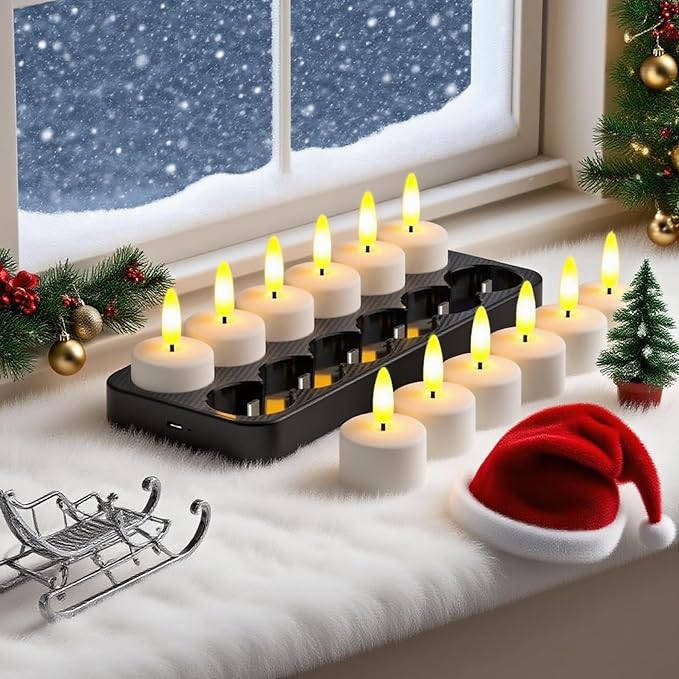 HL Rechargeable LED Tea Lights with USB Charging Base & Remote Timer - Battery Operated Flameless Flickering Votive Candles for Weddings, Emergency, Halloween, and Christmas Decorative 12pcs