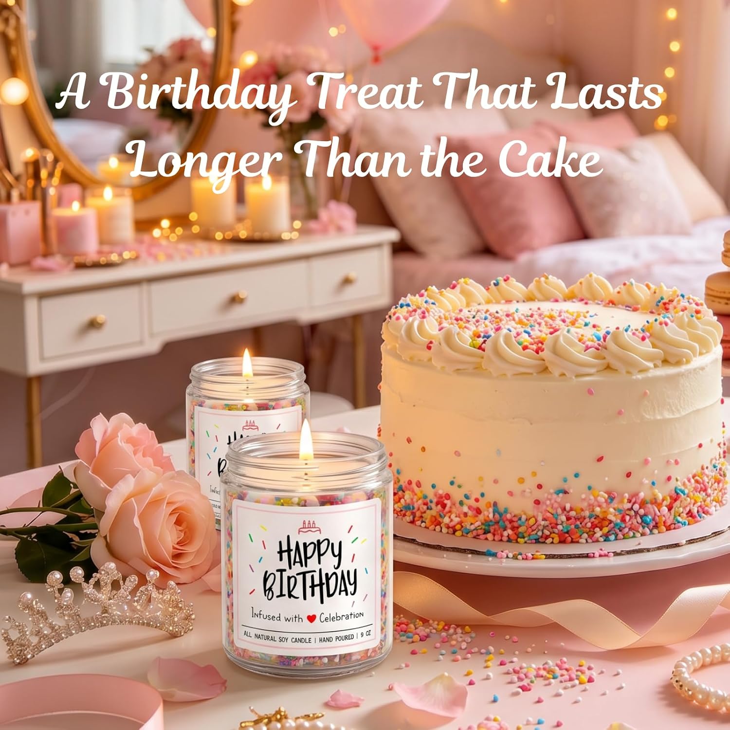Homsolver Happy Birthday Gifts for Women Unique, Vanilla Cream Scent with Sprinkles Candy Birthday Candles for Her, Handmade Aromatherapy Candle Decor