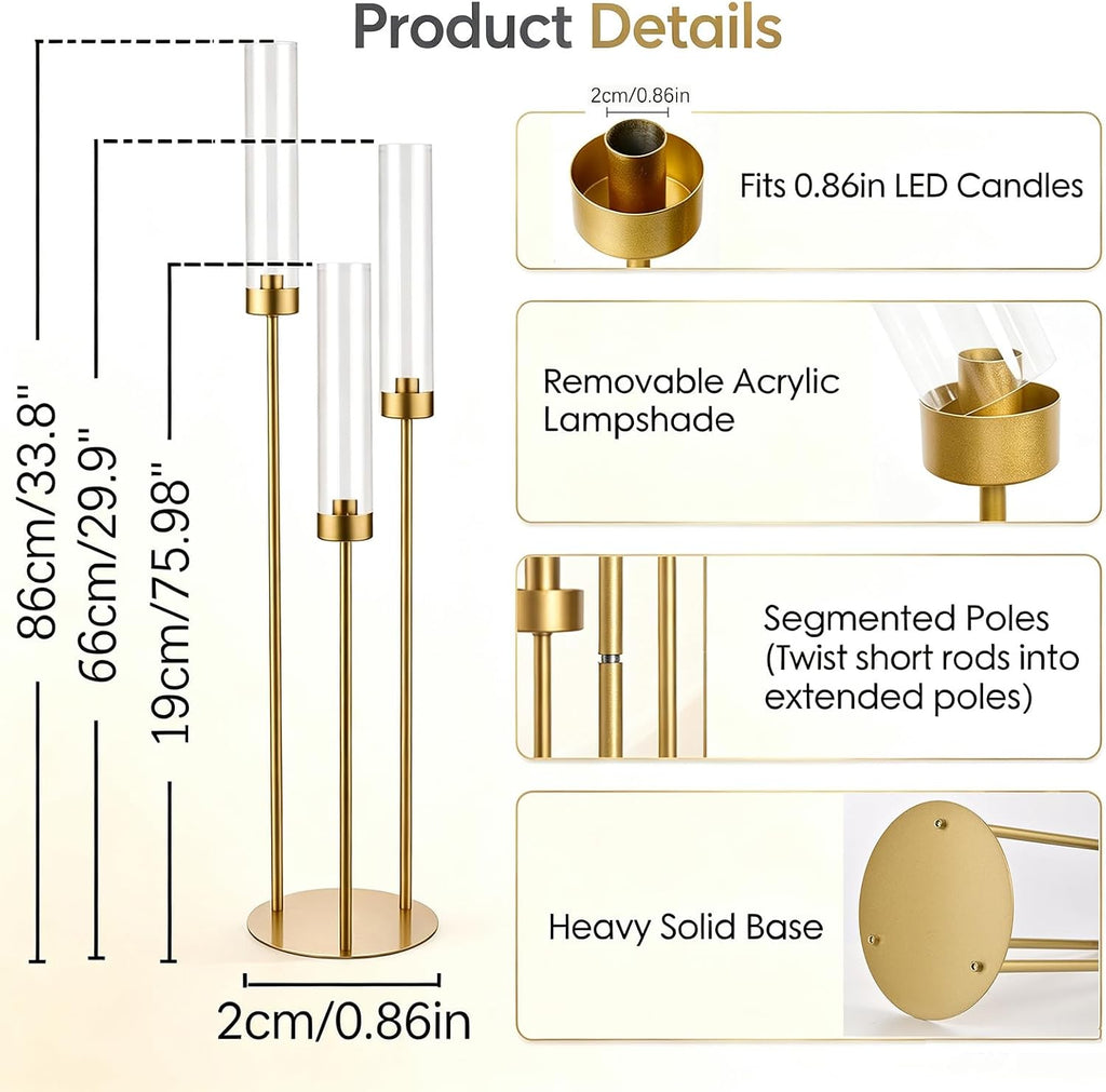 2pcs Gold Candelabra for Table Centerpieces, 33.8'' Tall 3 Arm Candle Holder with Acrylic Lampshade for Wedding Tables, Party, Events, Christmas & Halloween Home Decor, Fit LED Taper Candles