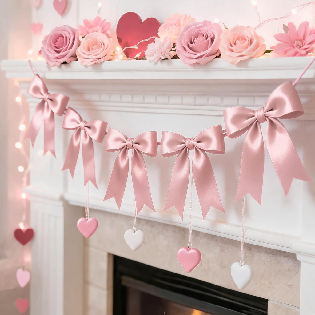 1 String Pink Bow Garland Banner Decorations, Pre-Strung Satin Ribbon Bows for Birthday, Baby Shower, Bridal Shower, Coquette Girls Room, Bow Themed Party, Wedding, Christmas Tree Decorations