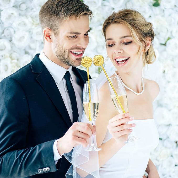 100 Pcs Gold Glitter Drink Stirrers Cocktails Plastic Swizzle Sticks 7.5 Inch Cupcake Pop Sticks Toppers Rose Top Wedding Drink Stirrers for Mixed Drinks Coffee Birthday Wedding Party