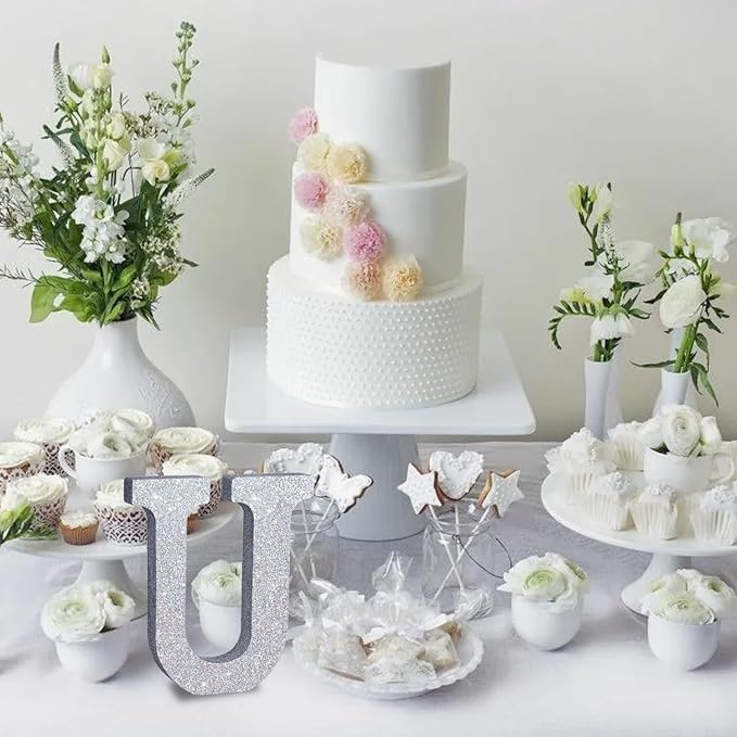 TONIFUL 8 Inch Silver Glitter Letter U Table Centerpiece A-Z Silver Birthday Party Decorations,Silver Alphabet U for Birthday,Chrismas,Graduation,Bridal Shower,Wedding,Anniversary Party Supplies