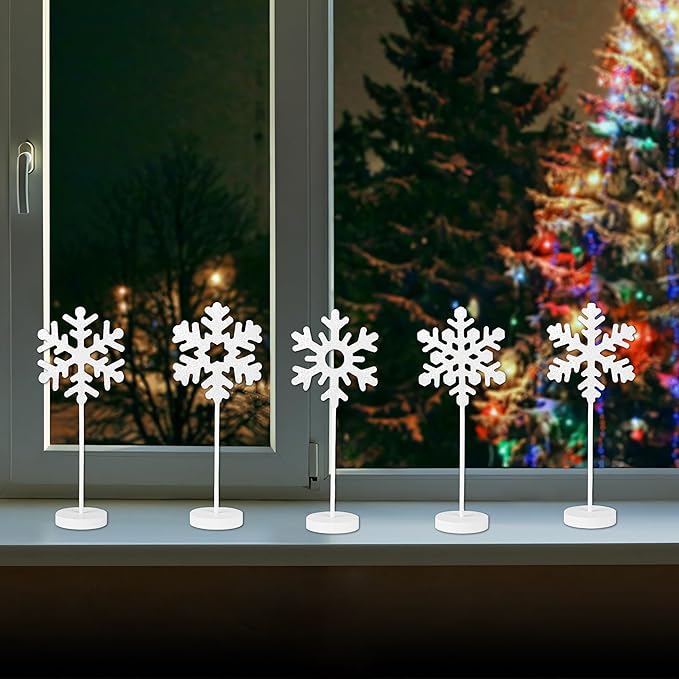 5 Pcs Wooden Christmas Snowflake Sign Winter White Glitter Snowflake Decorations Holiday Wonderland Snowflake Wood Stand Signs for Xmas Party Home Tabletop Tiered Tray Decor