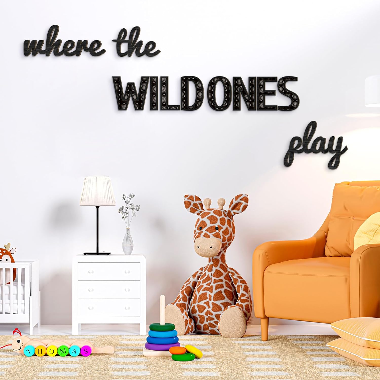 Beeveer Where the Wild Ones Play Nursery Sign Wooden Playroom Wall Decor Playroom Decoration Word Play Room Sign for Wall Plaques 11 Pcs(23 Inch,Black)