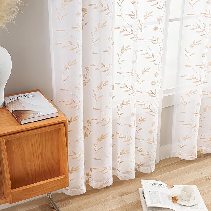 Sheer Curtains White-Beige 95 Inches, Embroidery Floral Pattern Window Treatments Rod Pocket Drapes for Living room, Bedroom, Semi Voile Curtain Panels for Patio, Villa, Parlor, Set of 2, 52"x 95".
