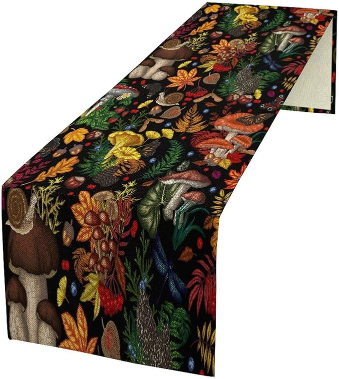 Nature Mushroom Table Runner,Retro Boho Floral Botanical Plant Forest Pattern Print Tablecloth Burlap for Hotel Indoors Outdoor Dining Room Kitchen Holiday Party, 13x90in